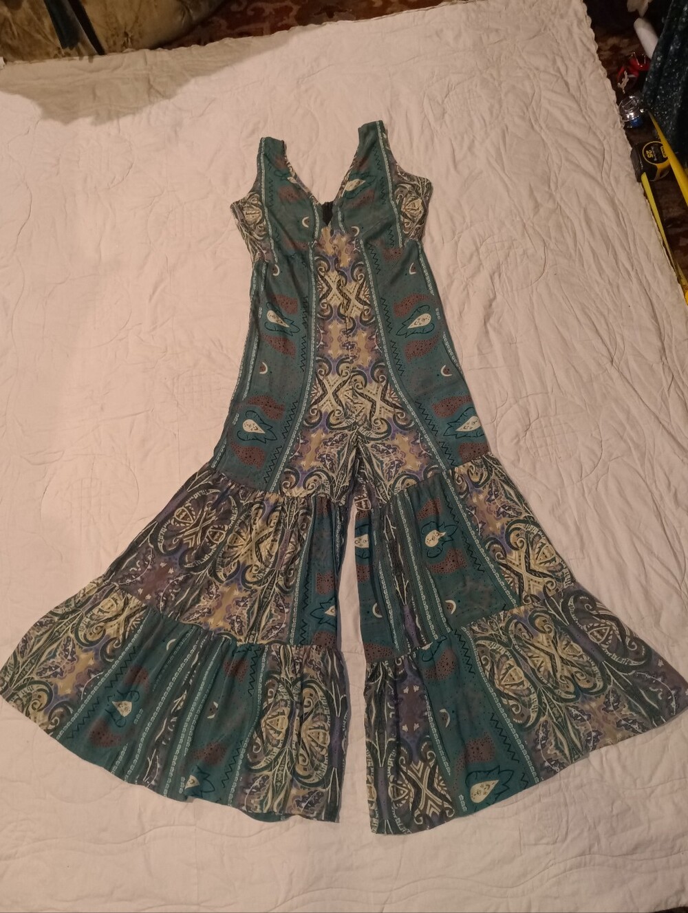EARTHBOUND Silk Teal Paisley Tiered Wide-Leg Jumpsuit